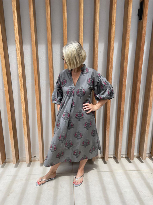 Grey dress with pink floral pattern