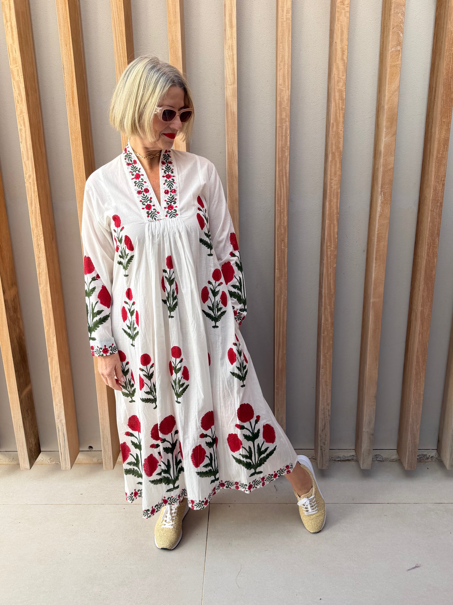 White dress with red & green poppies
