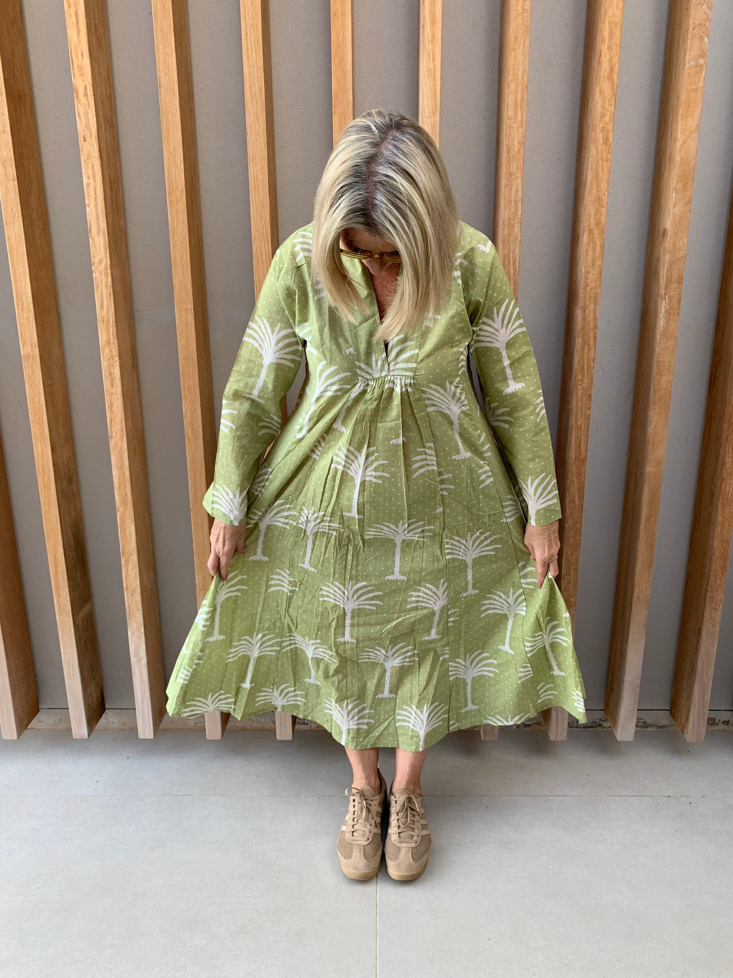 Light green dress with white palm pattern