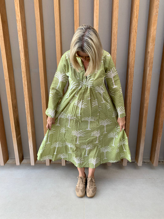 Light green dress with white palm pattern