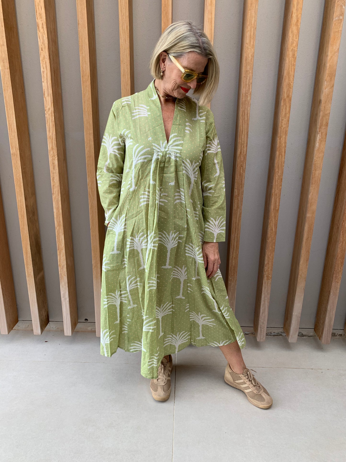Light green dress with white palm pattern