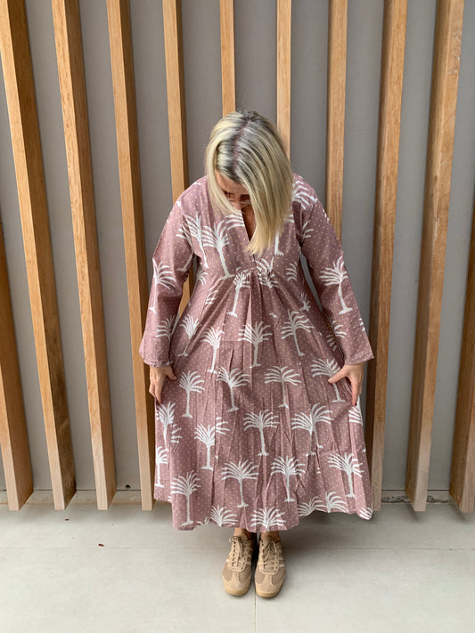 Light mauve dress with white palm pattern