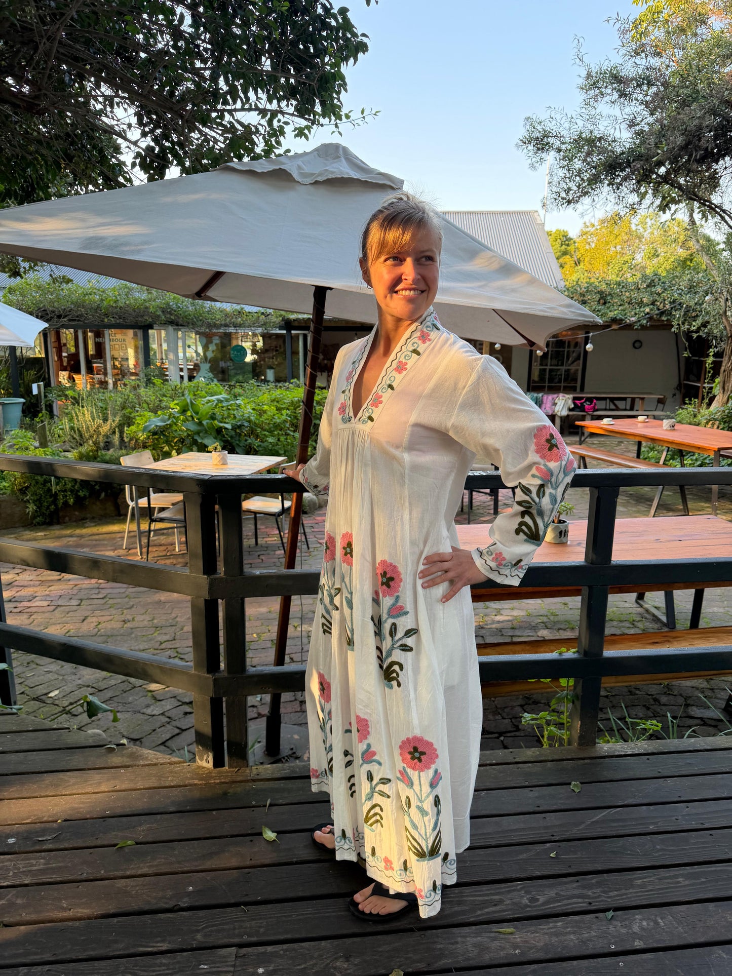 White dress with pink & light blue embroidered daisy