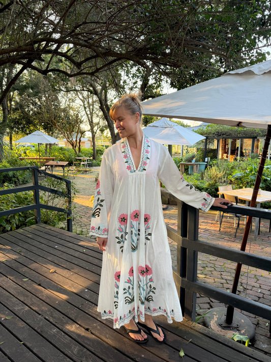 White dress with pink & light blue embroidered daisy