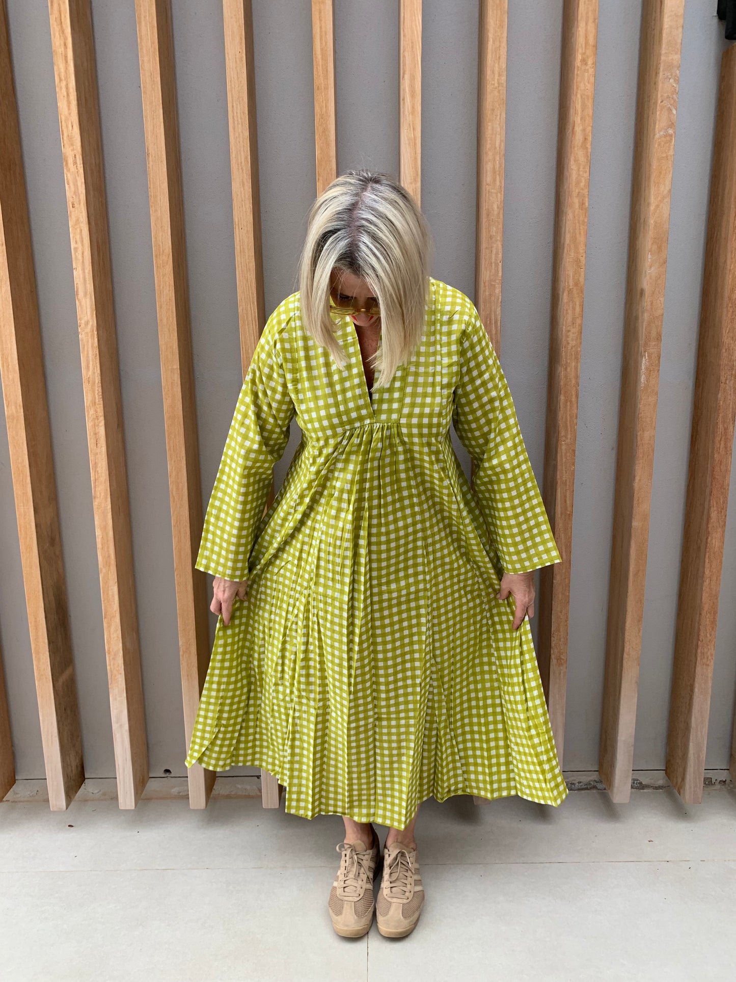 Lime green dress with white check pattern
