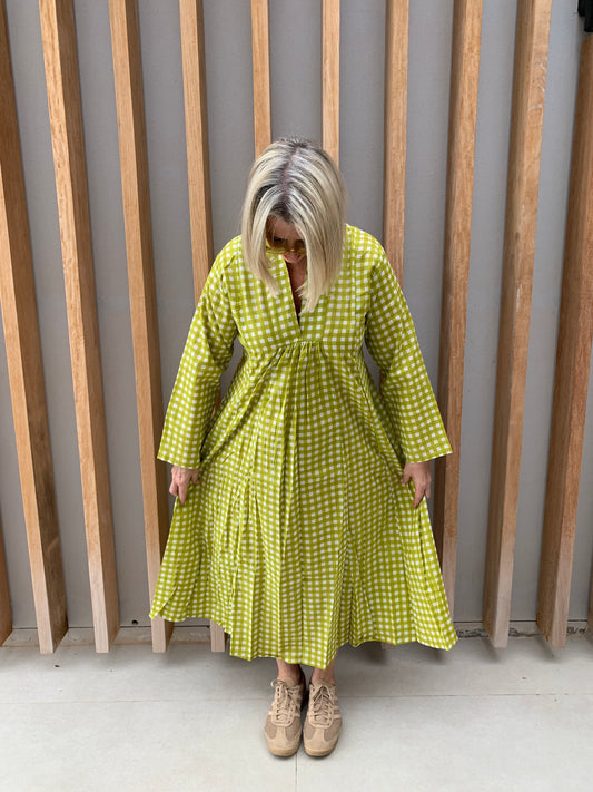Lime green dress with white check pattern