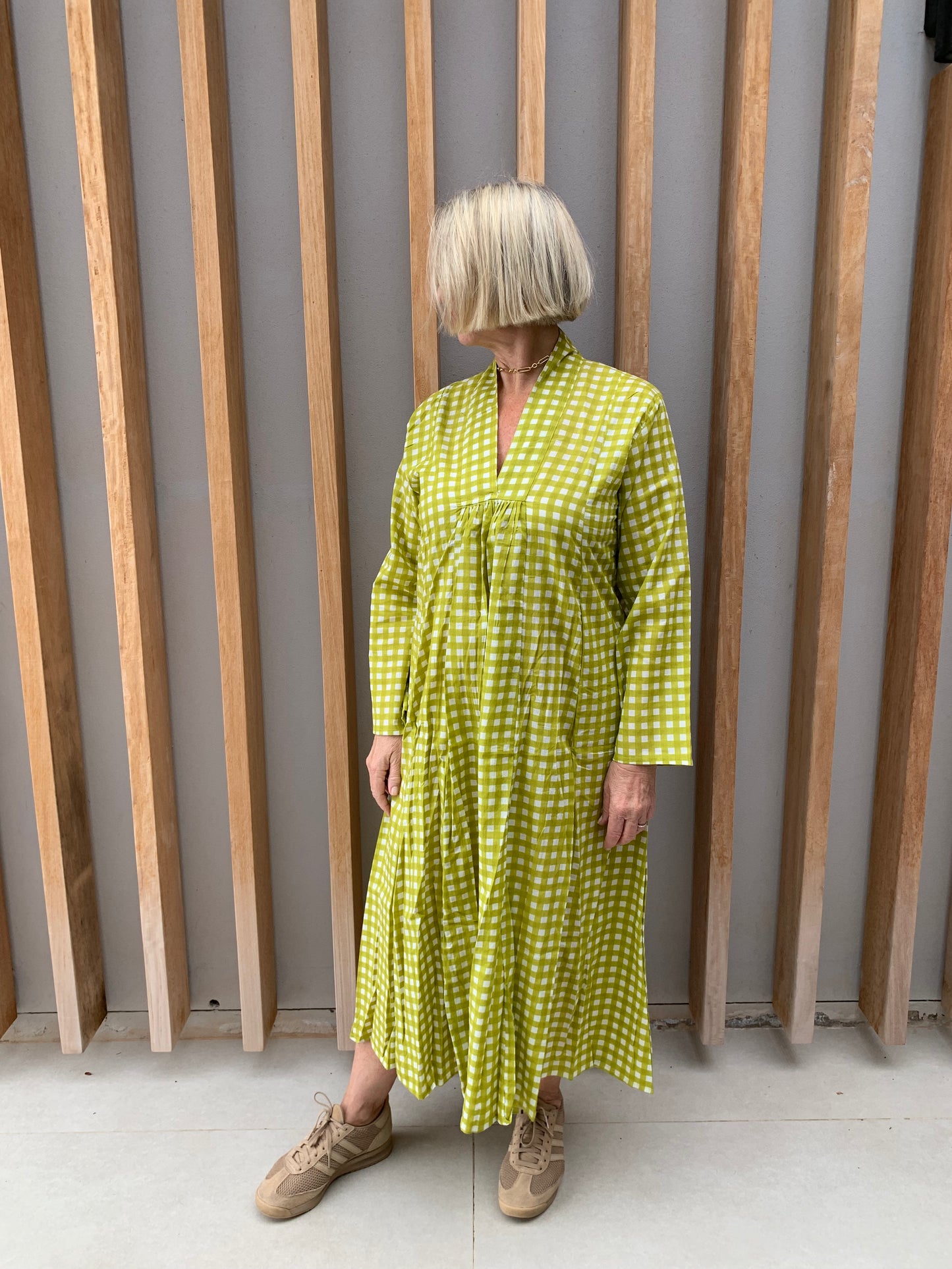 Lime green dress with white check pattern