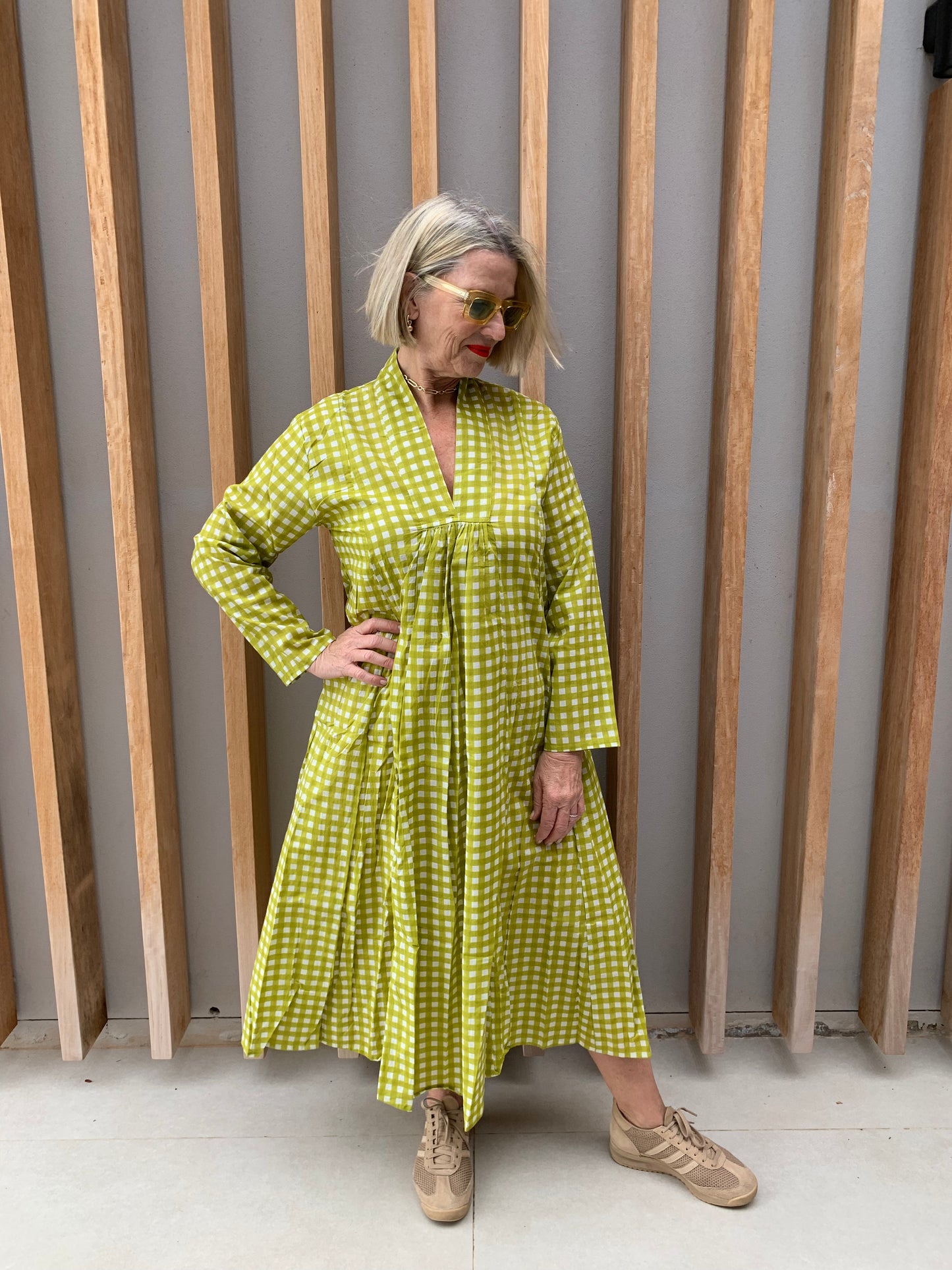 Lime green dress with white check pattern