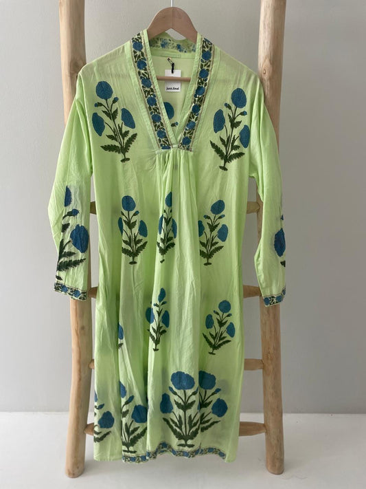 Lime green blue poppies dress