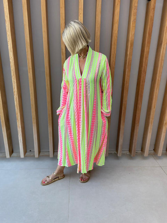 Lime green & pink striped dress