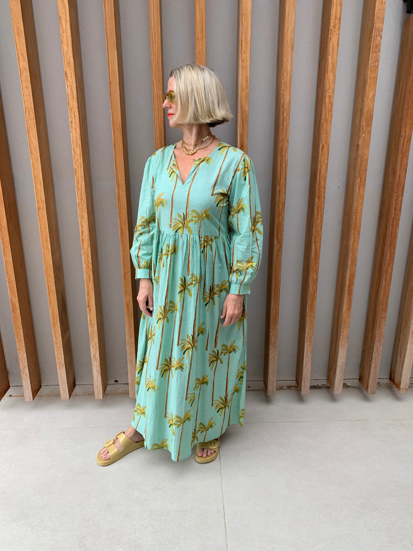 Green dress with green & bronze palm