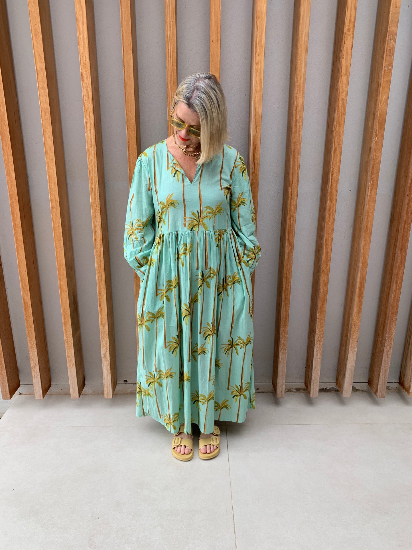 Green dress with green & bronze palm