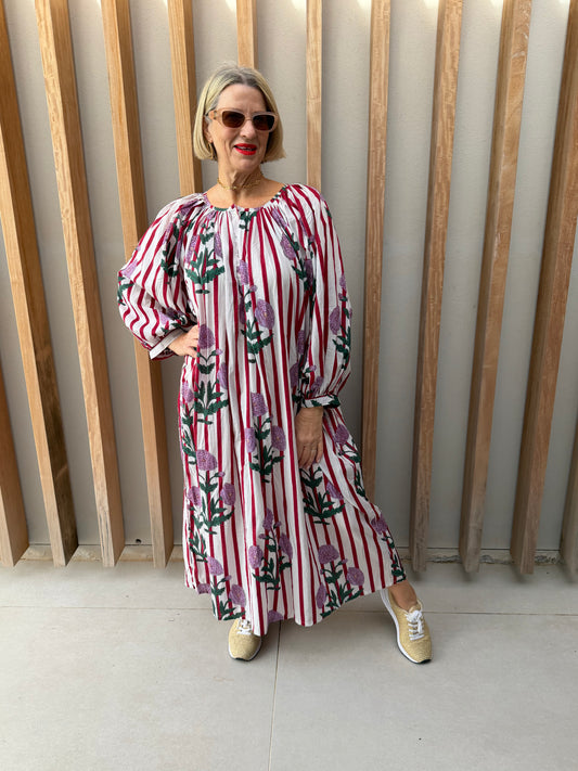 Mauve & white stripe dress with mauve poppy