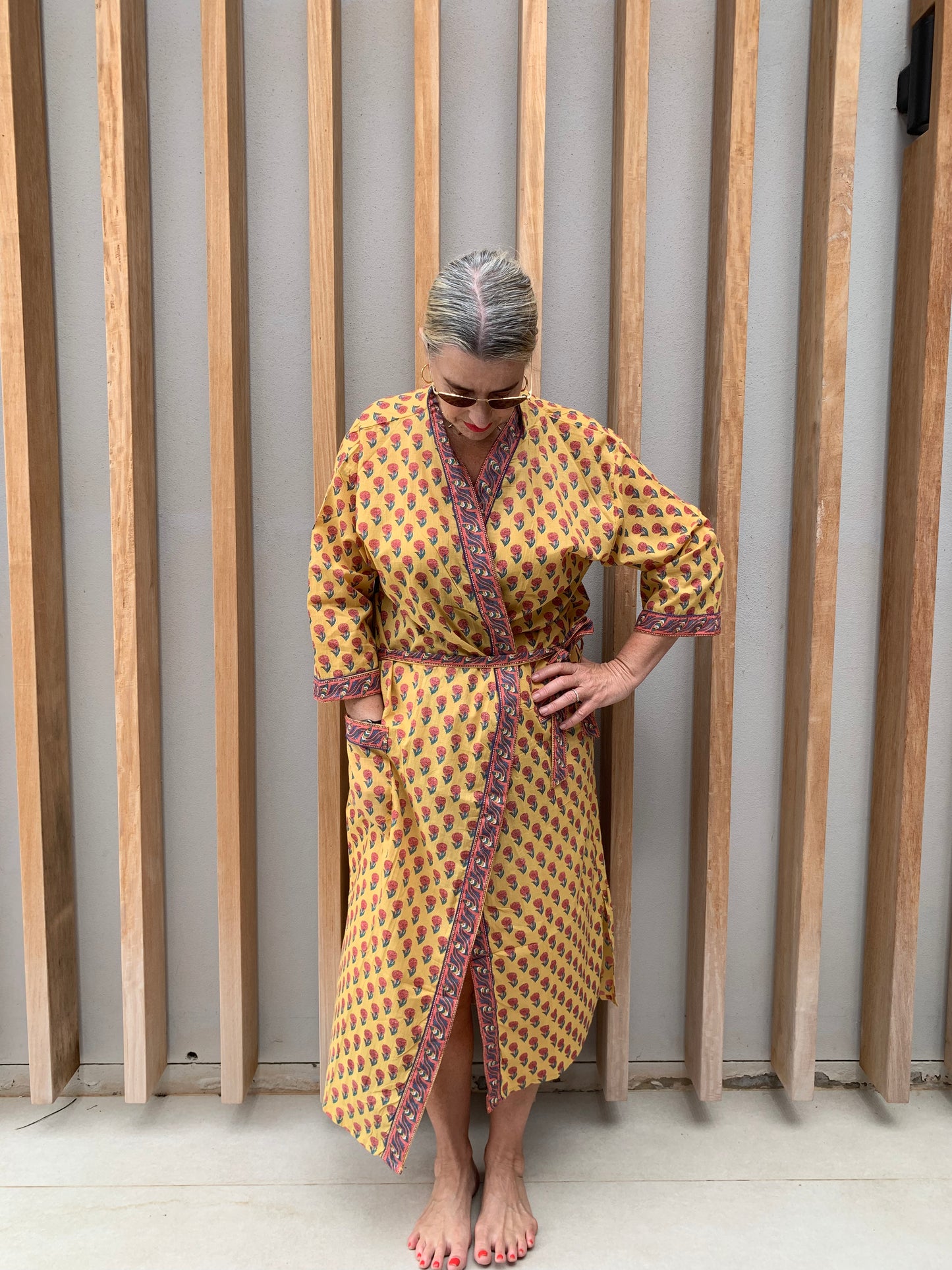 Yellow Kimono with pink daisy pattern