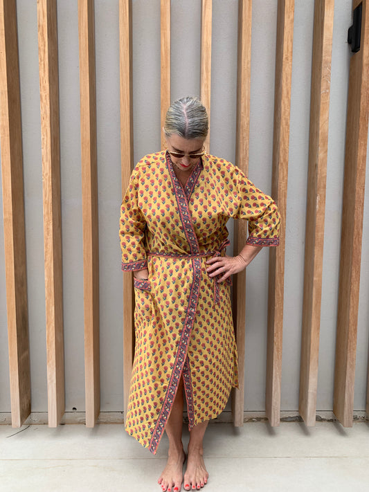 Yellow Kimono with pink daisy pattern