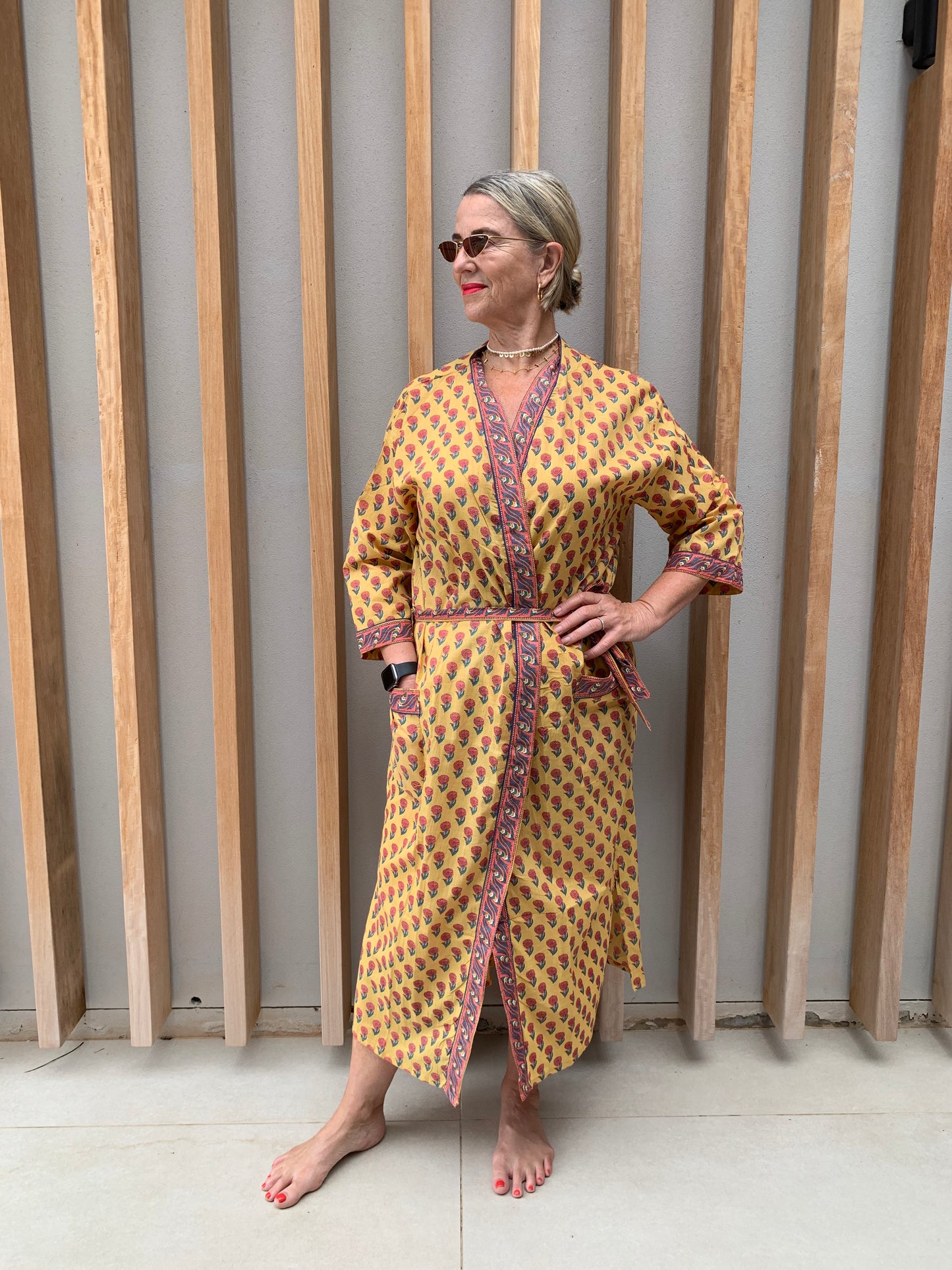 Yellow Kimono with pink daisy pattern