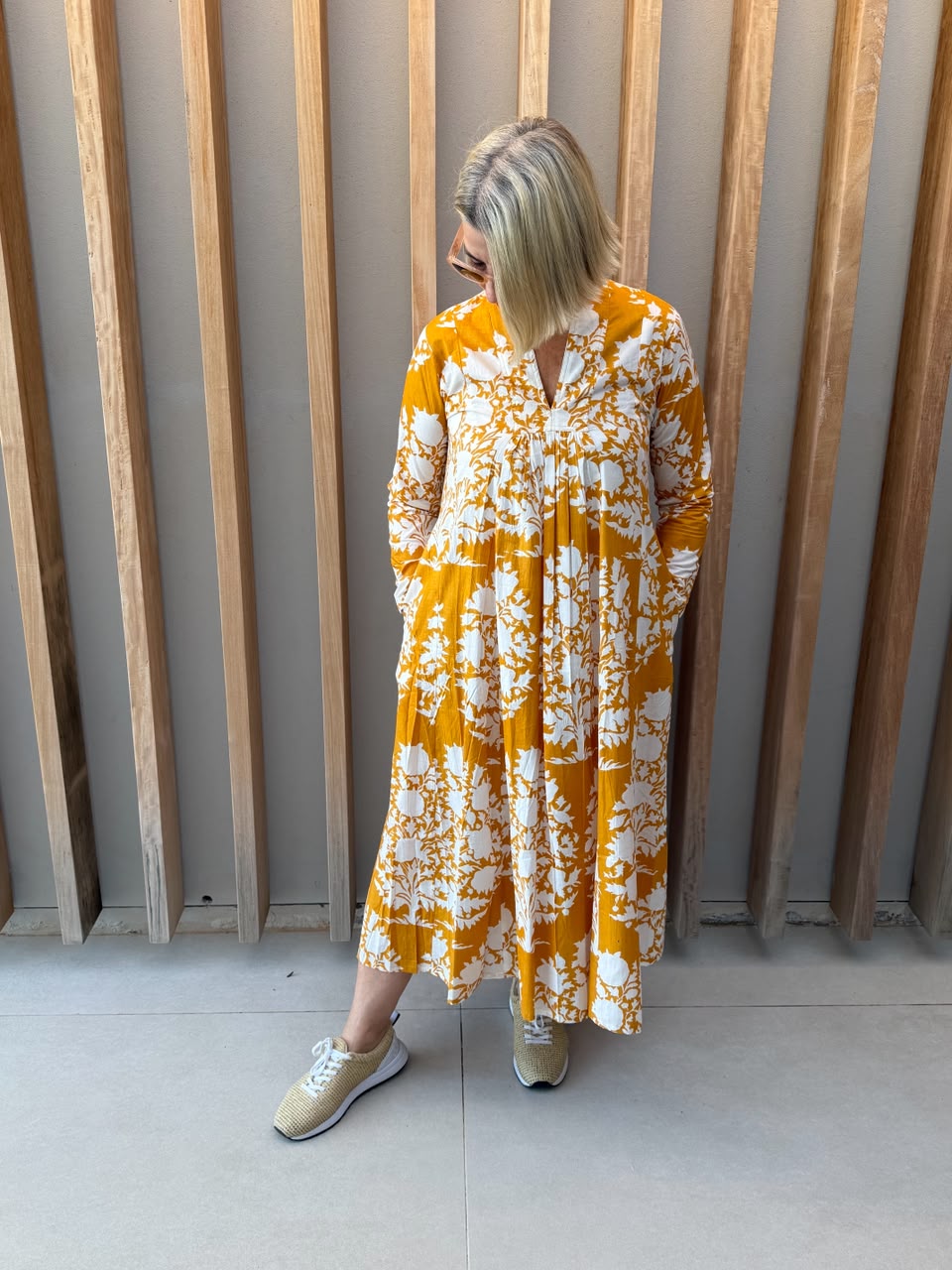 Mustard & white floral dress
