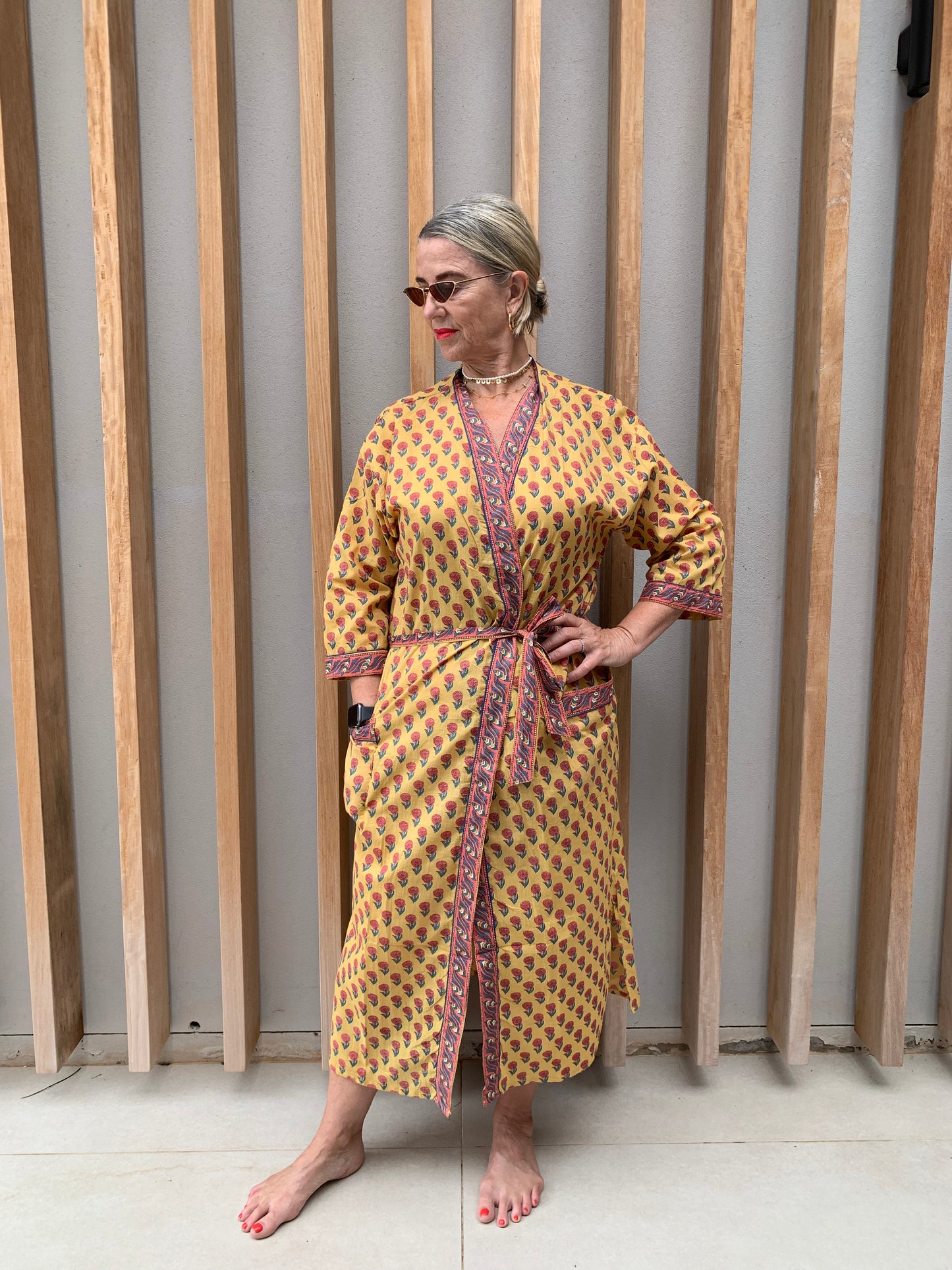 Yellow Kimono with pink daisy pattern