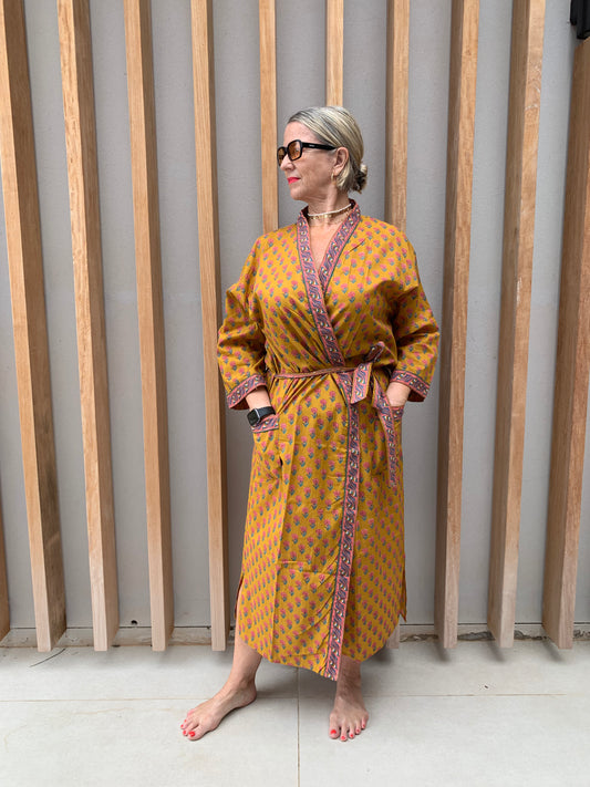 Mustard Kimono with pink daisy floral pattern