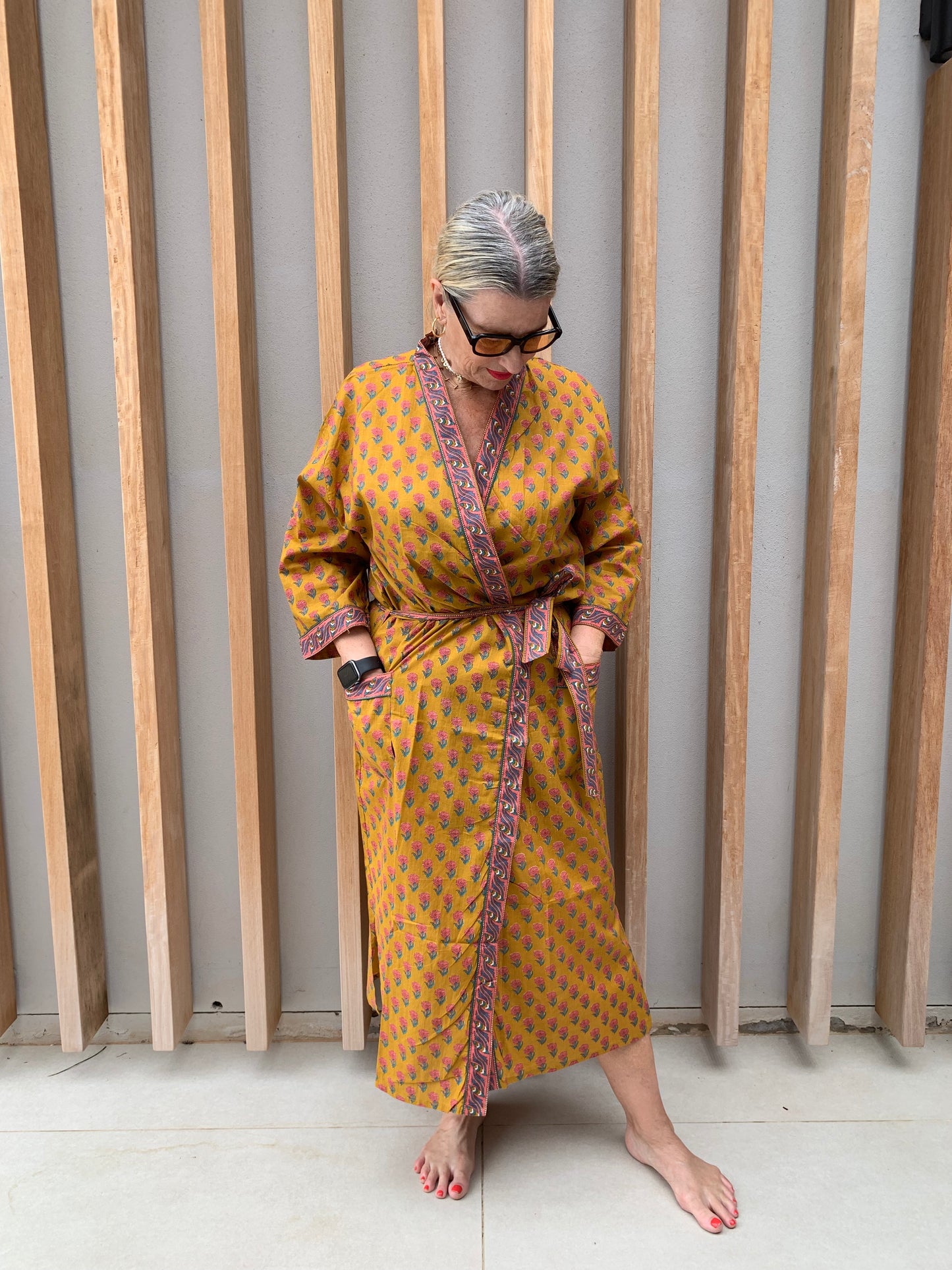 Mustard Kimono with pink daisy floral pattern