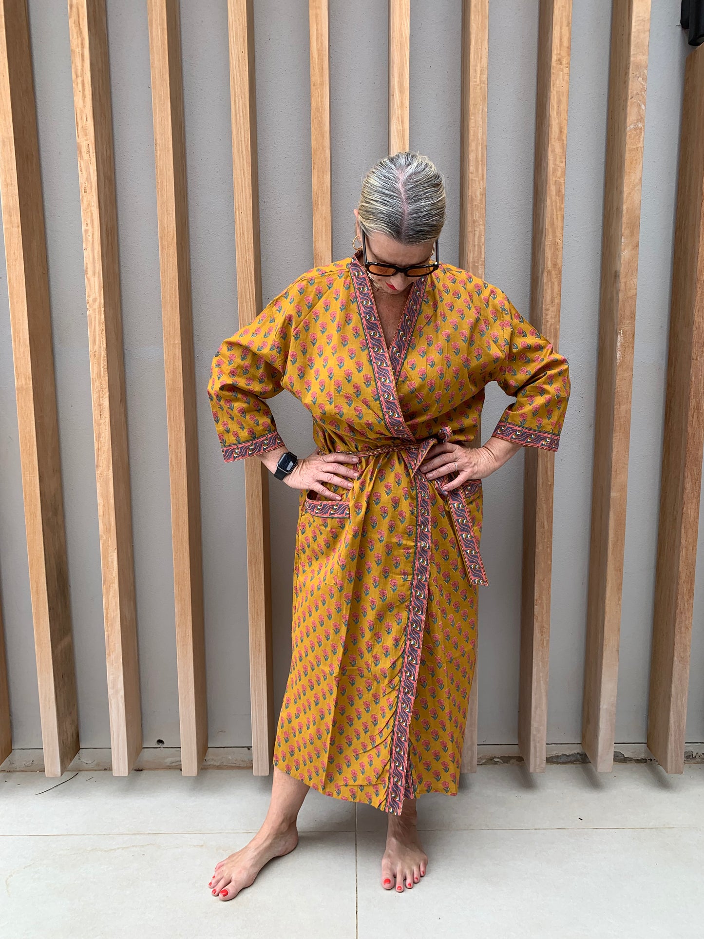 Mustard Kimono with pink daisy floral pattern