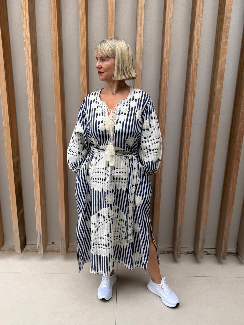 Navy & white striped embroidered dress