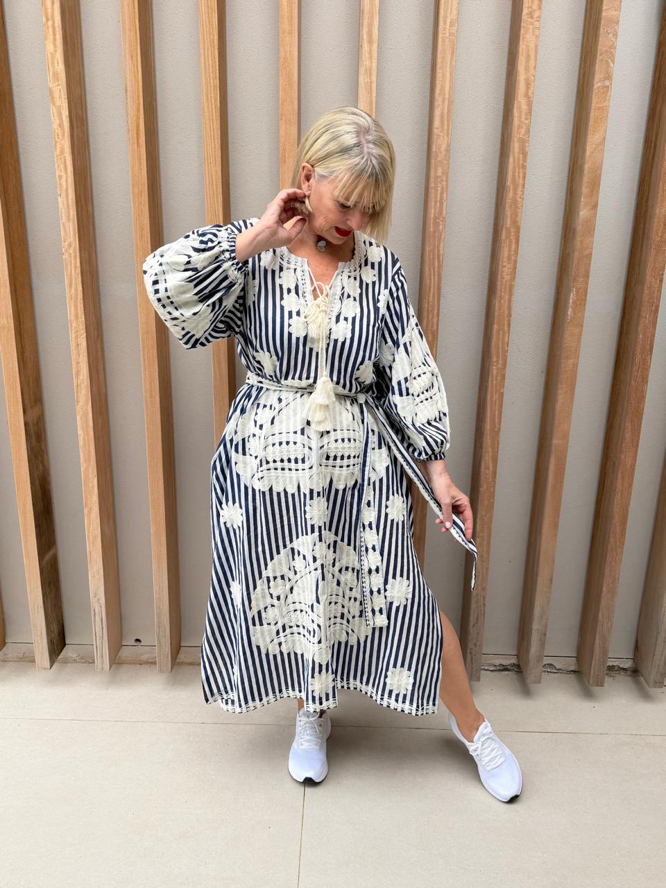 Navy & white striped embroidered dress