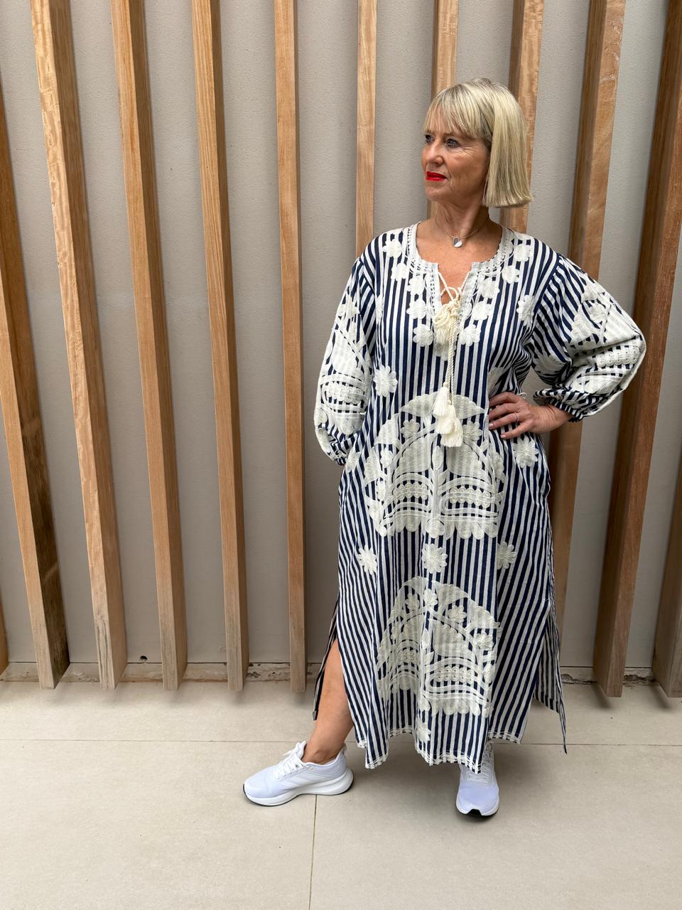 Navy & white striped embroidered dress