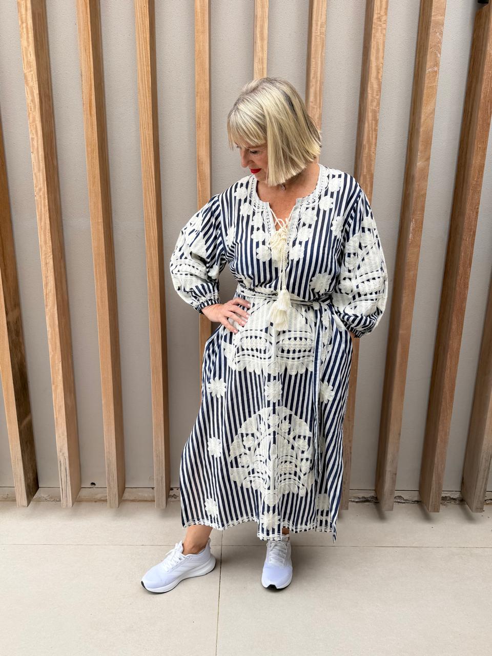 Navy & white striped embroidered dress