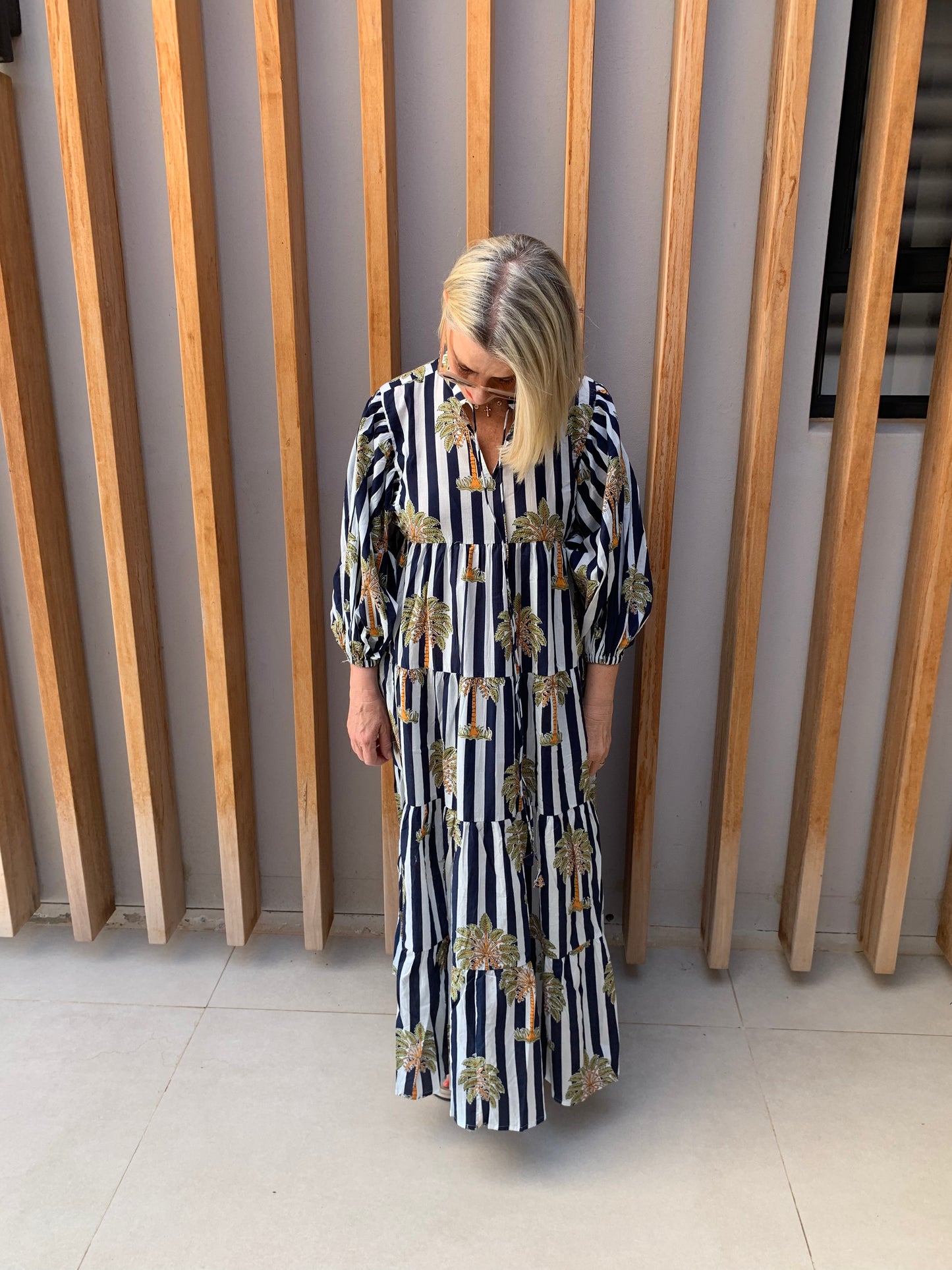 Navy & white stripe with green palm pattern