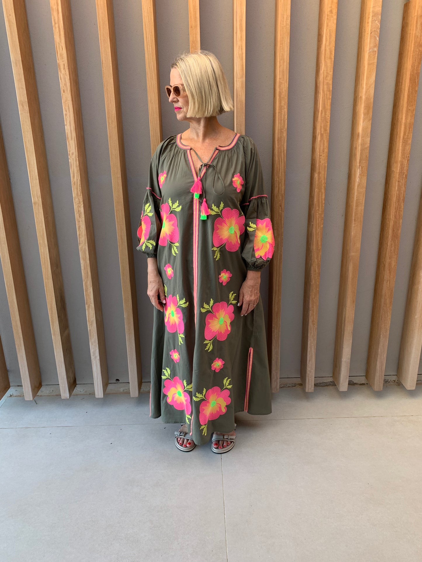 Olive dress with Pink & Lime green embroidered pattern
