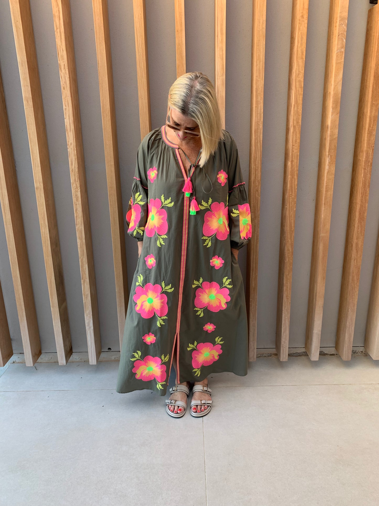 Olive dress with Pink & Lime green embroidered pattern