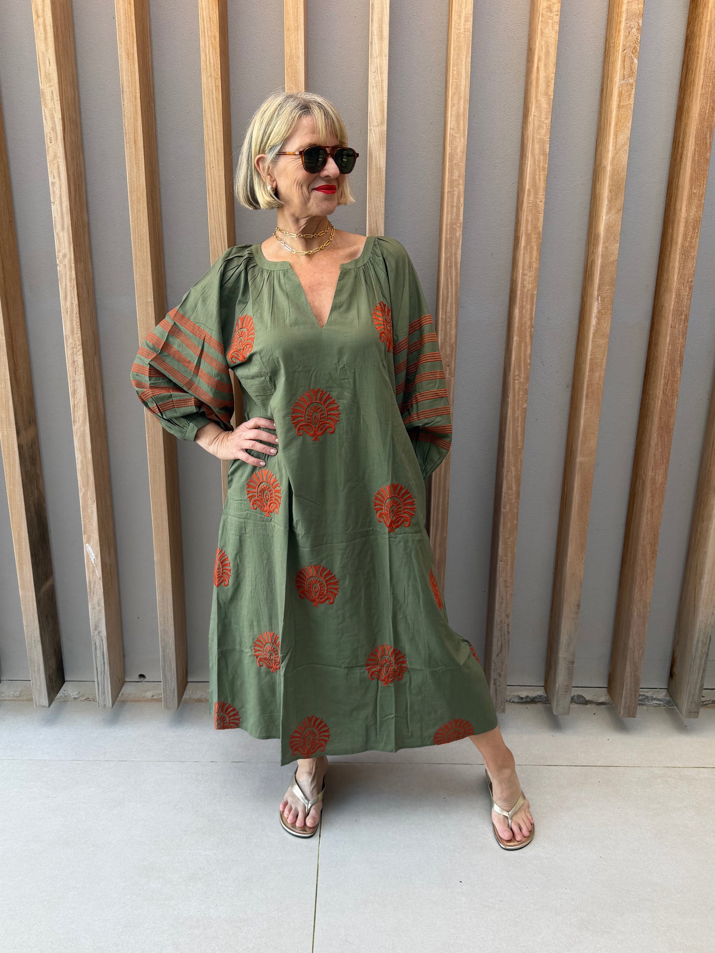 Olive green embroidered dress