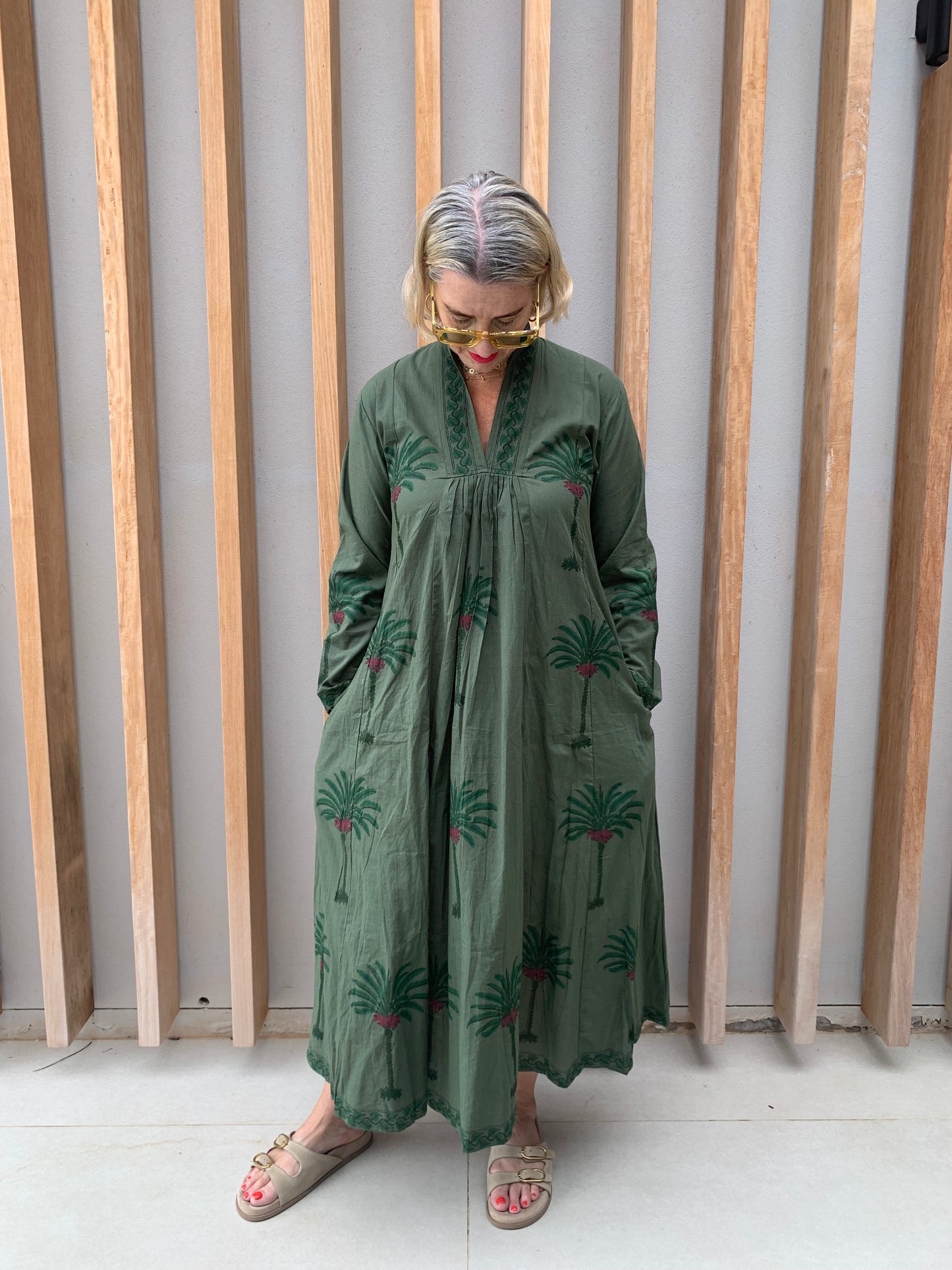 Olive dress with green palm pattern