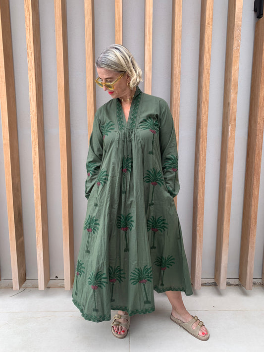 Olive dress with green palm pattern