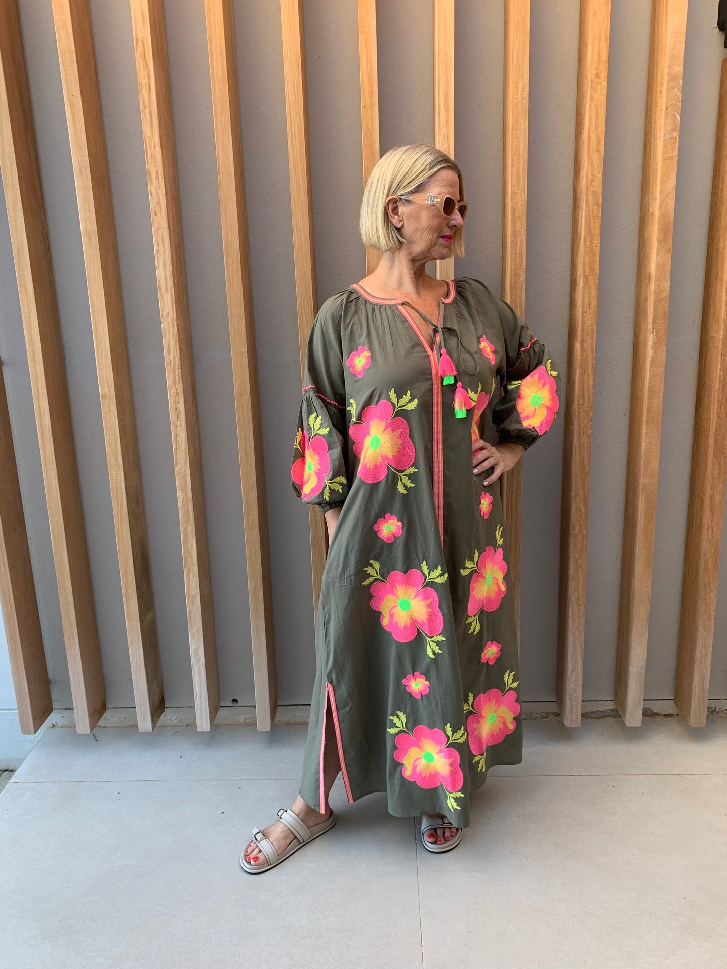 Olive dress with Pink & Lime green embroidered pattern