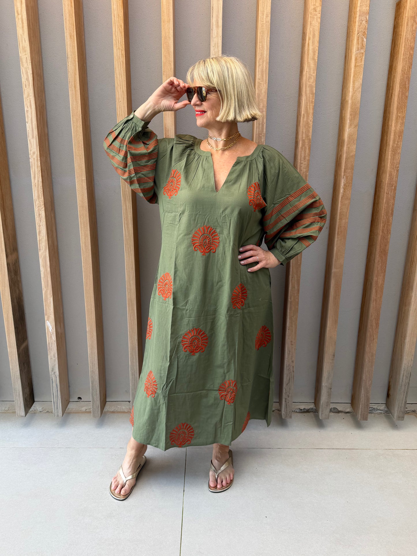 Olive green embroidered dress