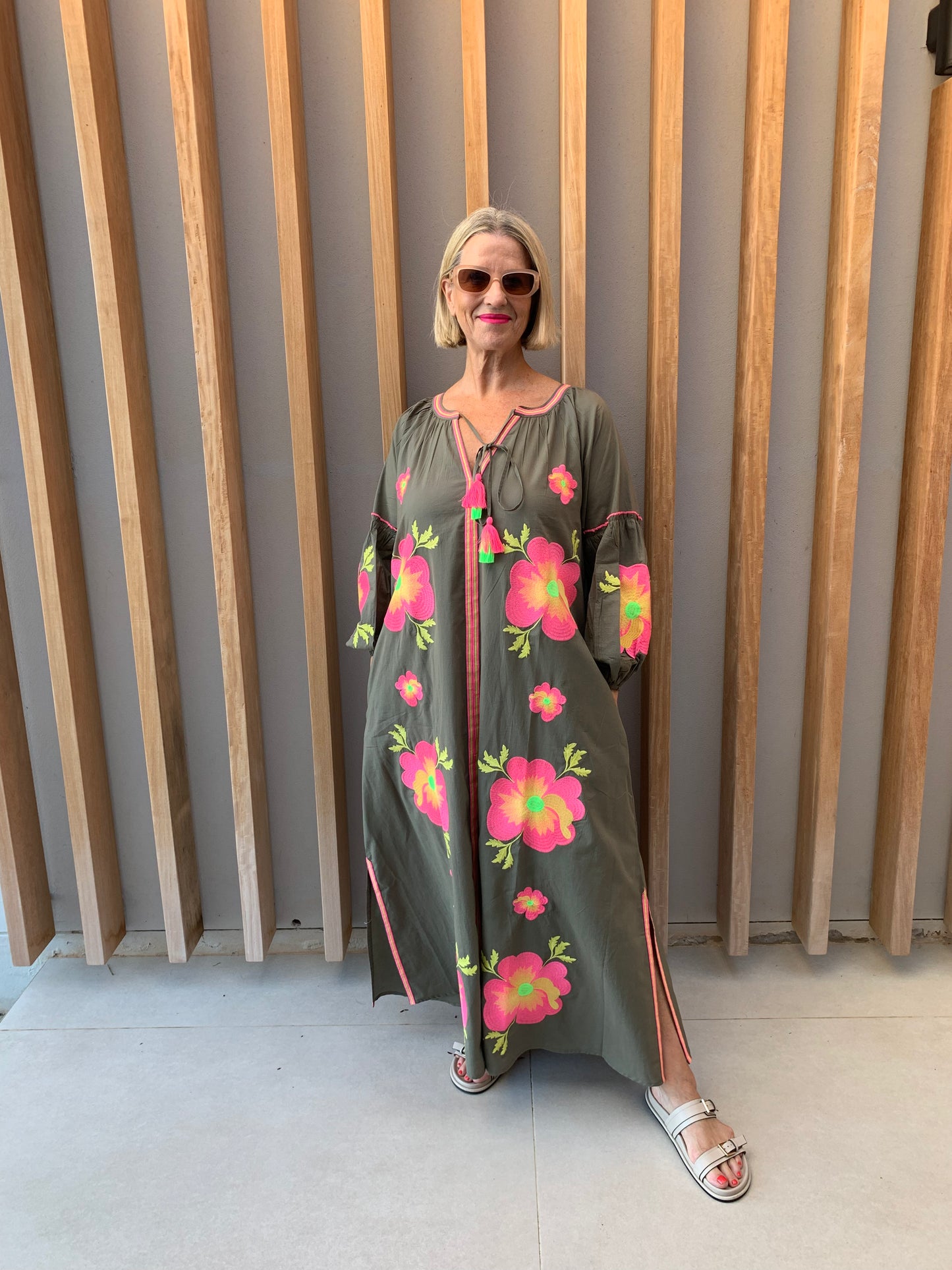 Olive dress with Pink & Lime green embroidered pattern
