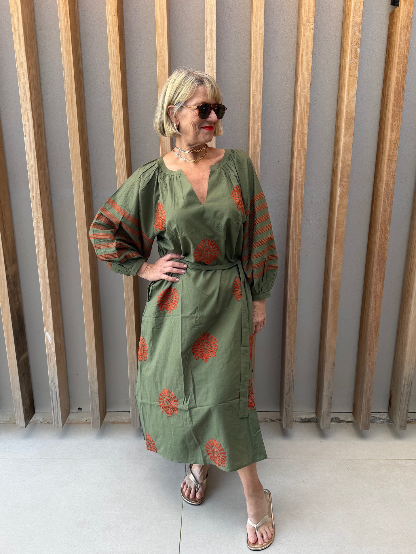 Olive green embroidered dress