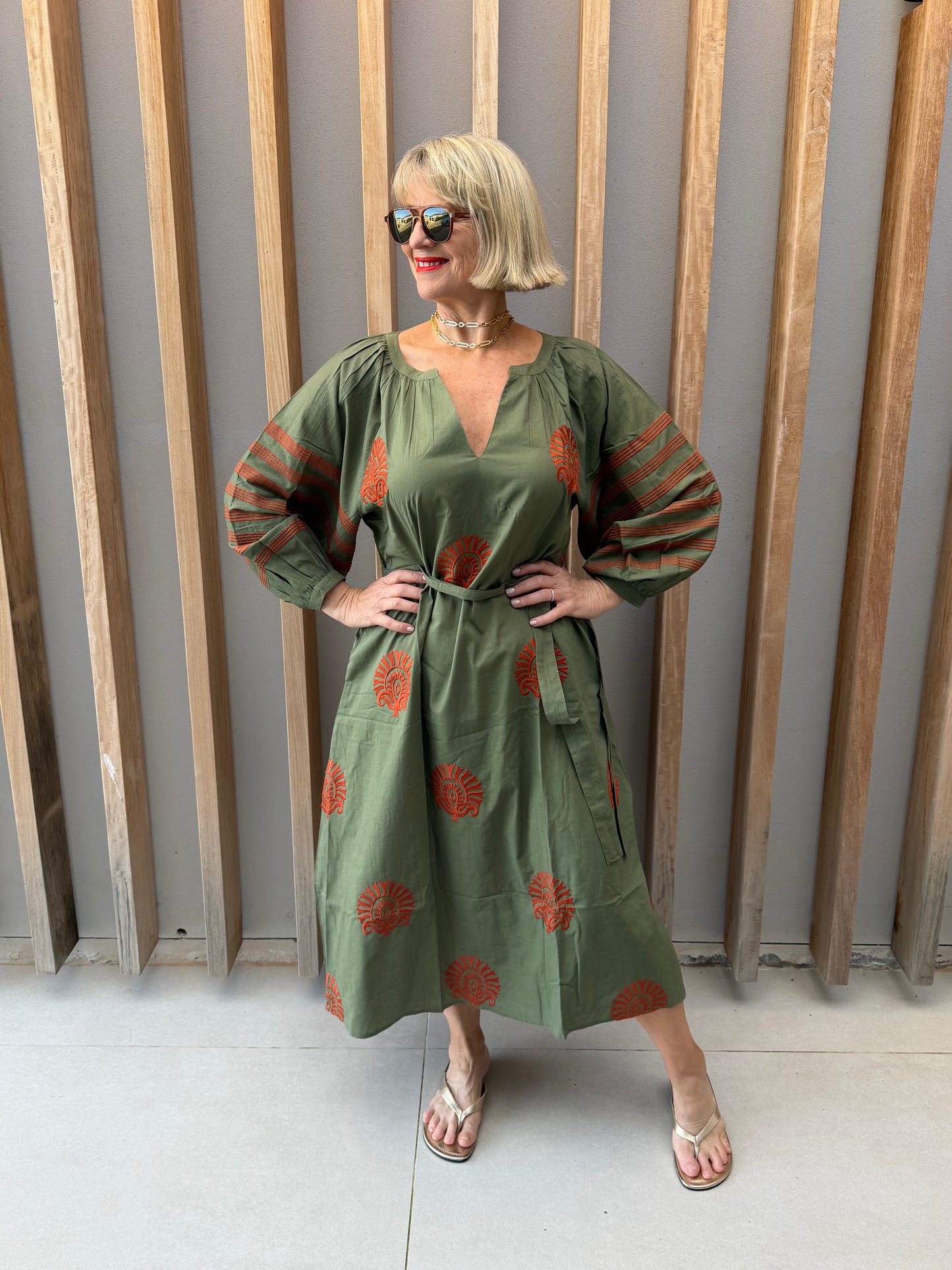 Olive green embroidered dress