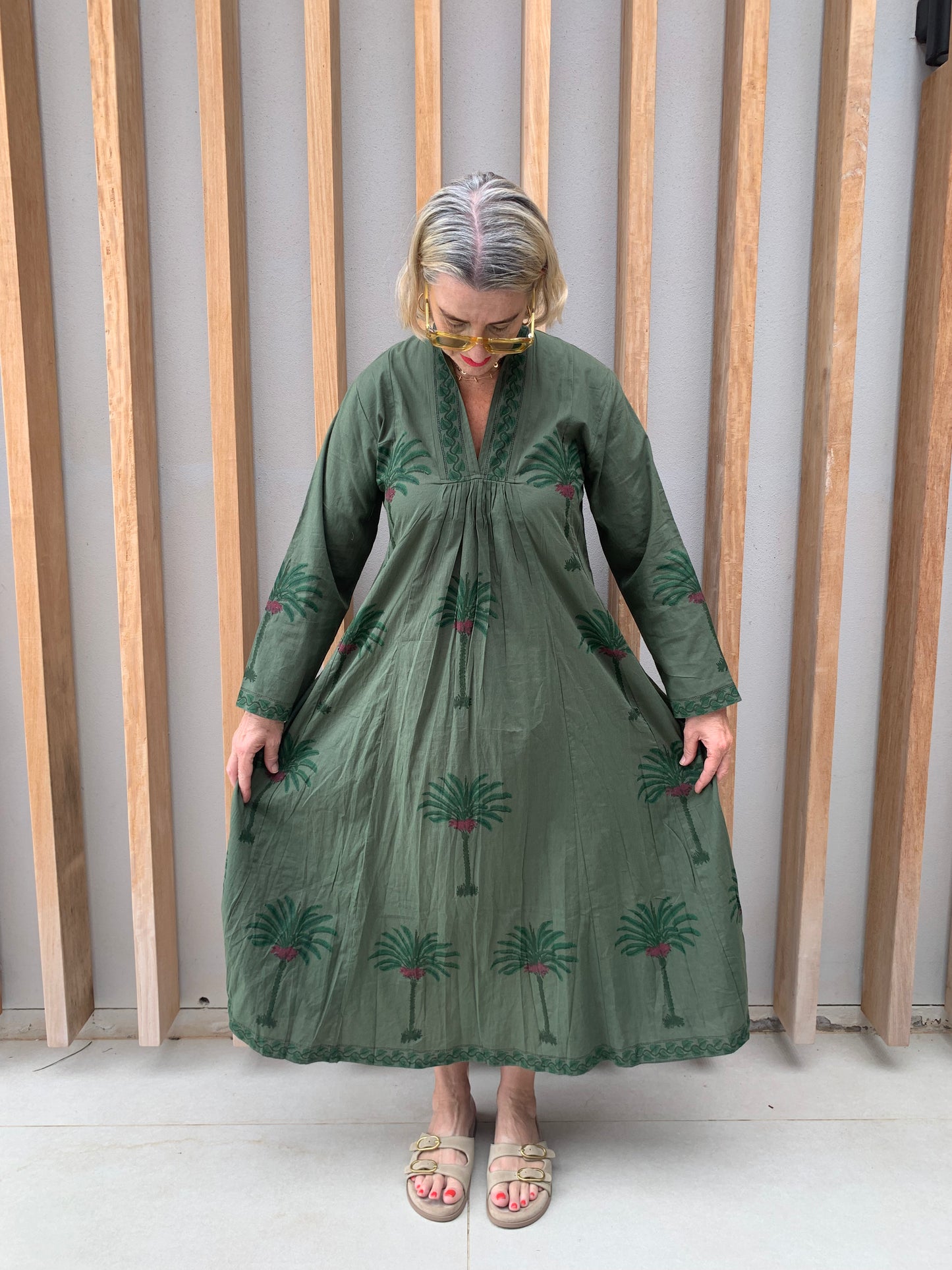 Olive dress with green palm pattern