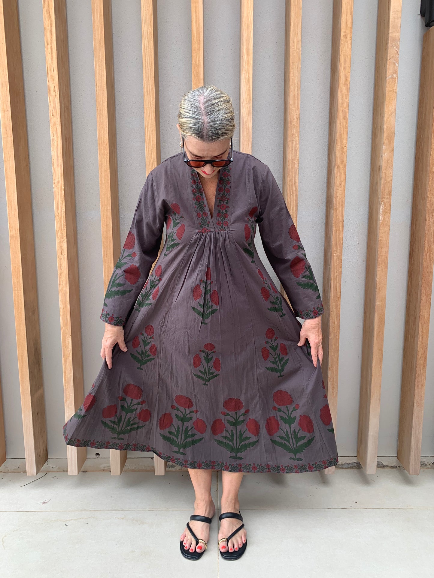 Olive grey dress with red daisies floral pattern