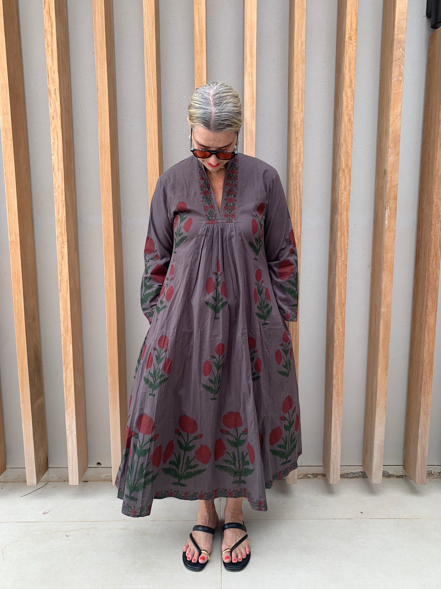 Olive grey dress with red daisies floral pattern