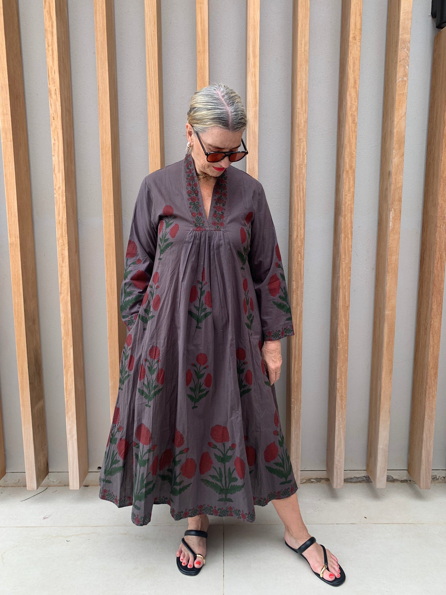 Olive grey dress with red daisies floral pattern