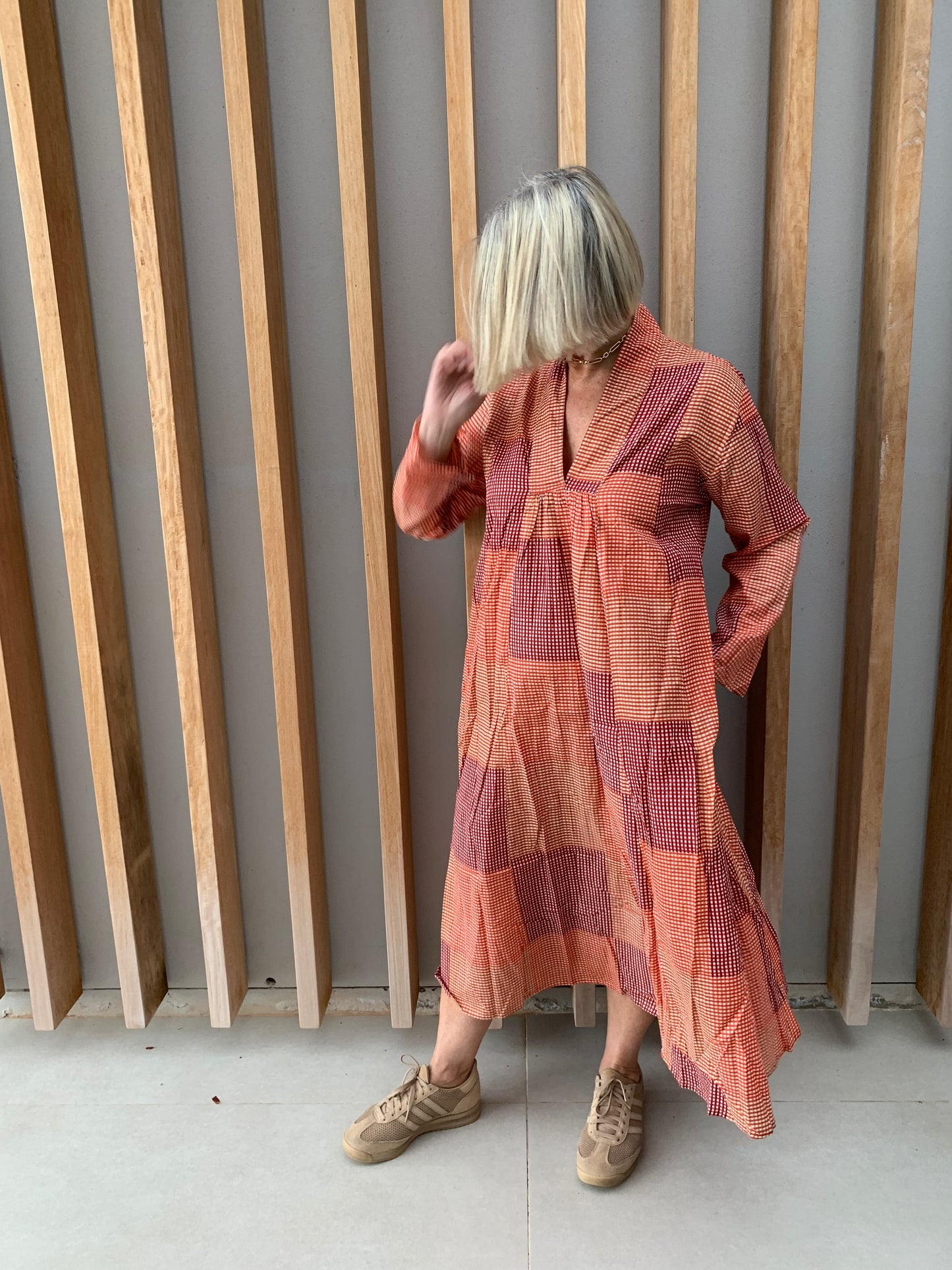 Orange & brick coloured fine checked dress