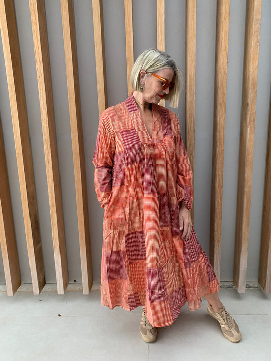 Orange & brick coloured fine checked dress