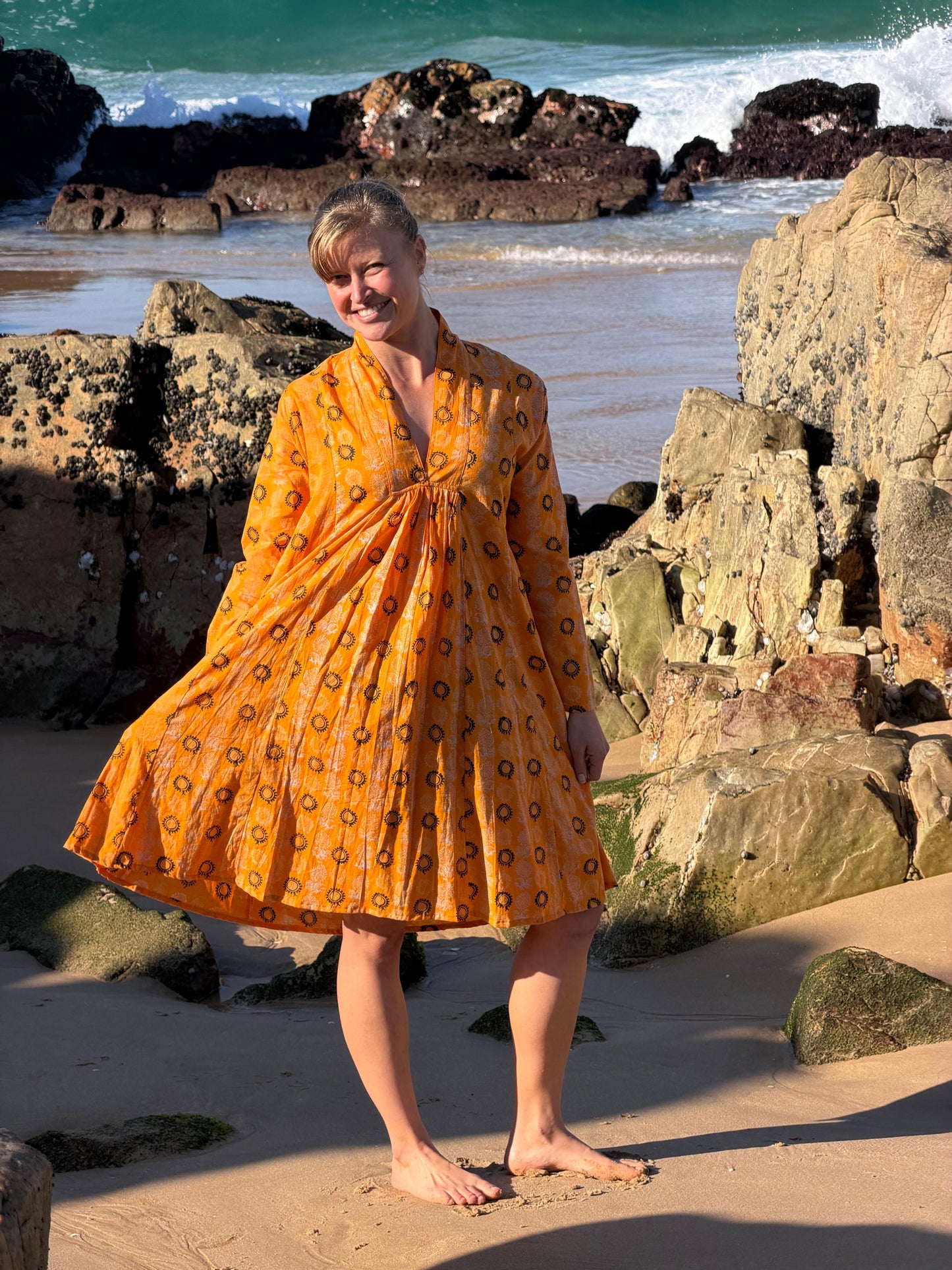 Orange geometric pattern short dress