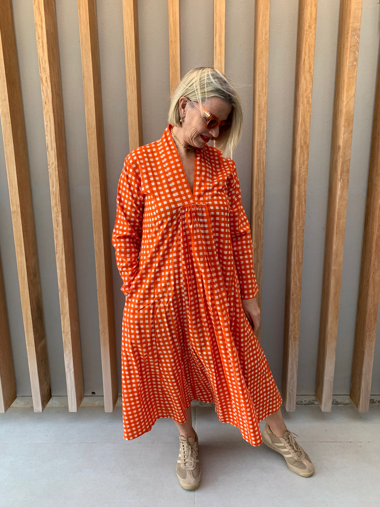 Orange & white check dress