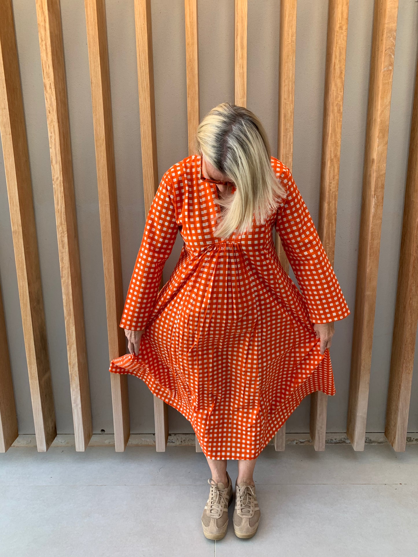 Orange & white check dress
