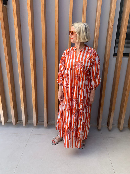 Orange & white striped dress with orange palm pattern